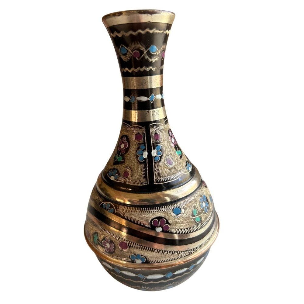 Vintage Hand-Painted Etched Metal Floral Vase Multicolor Gujistan Design